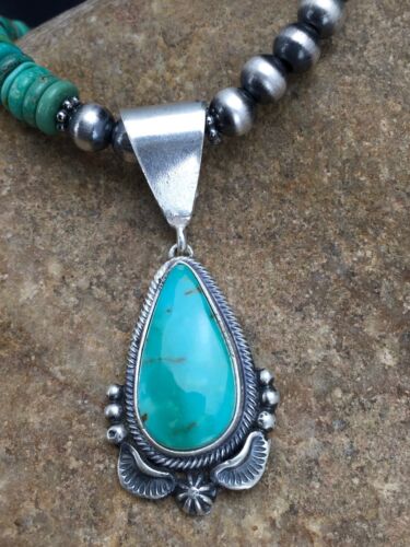 Navajo Green Turquoise Pendant Necklace | Sterling Silver | Authentic Native American Handmade | 2645