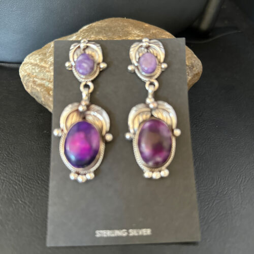 Navajo Purple Sugilite Dangle Earrings | Sterling Silver | 2" | Authentic Native American Handmade | 14405