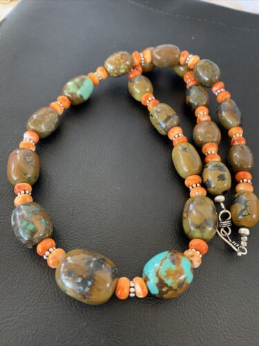 Navajo Green Turquoise & Orange Spiny Oyster Necklace | Sterling Silver | 23" | Authentic Native American Handmade | 1848