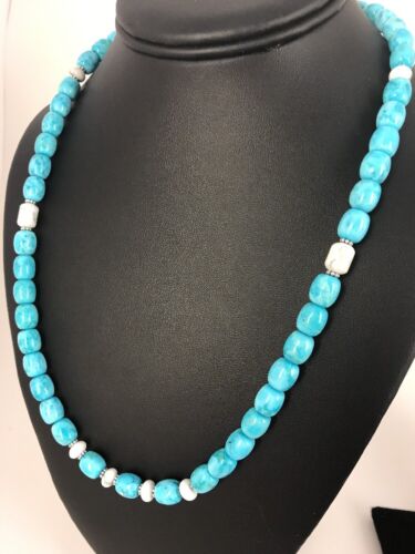 Navajo Blue Turquoise & Howlite Necklace | Sterling Silver | 21" | Authentic Native American Handmade | 3395 - Masha USA