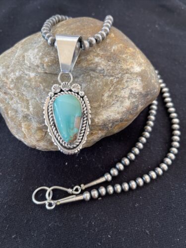 Women's Royston Turquoise Pendant Necklace | Navajo Pearls | Sterling Silver | Authentic Native American Handmade | 01183