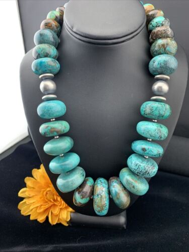 Navajo Pearl Sterling Silver Necklace | Graduated Blue Chunky Turquoise | Authentic Native American | 24" | 01743