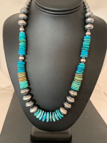 Navajo Blue Green Turquoise Beads Necklace | Sterling Silver | Authentic Native American Handmade | 22" | 4697