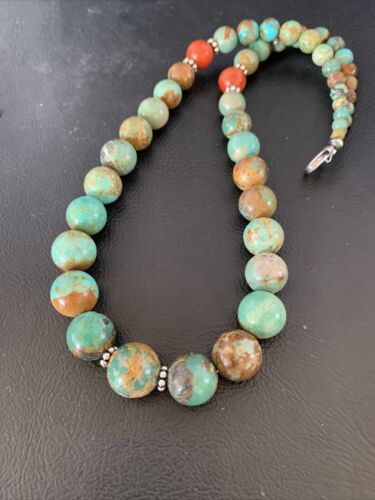 Navajo Green Turquoise & Apple Coral Graduated Necklace | Sterling Silver | Authentic Native American | 18" | 13206