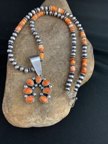Navajo Pearls Sterling Necklace | Orange Spiny Oyster Cluster Naja Pendant | Native American 21" | 00189