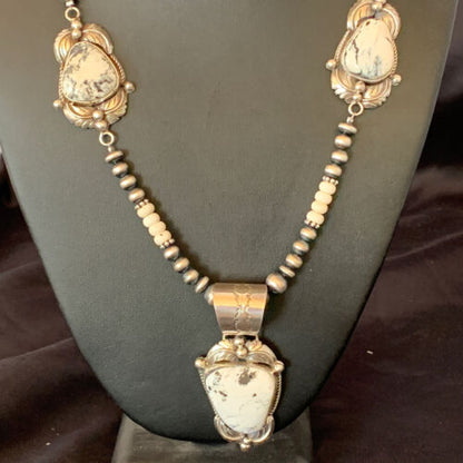 Navajo Pearls White Buffalo Turquoise Necklace Pendant | Sterling Silver | Authentic Native American Handmade | 10868