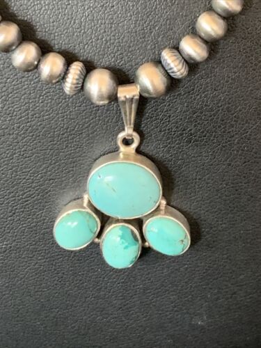 Navajo Pearl Necklace with Blue Cluster Turquoise Pendant | Sterling Silver | 12498