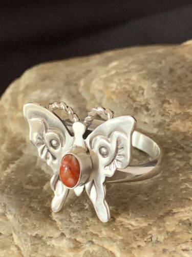 Navajo Red Spiny Oyster Butterfly Ring | Sterling Silver | Adj Sz 7 | Authentic Native American Handmade | 10678