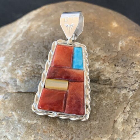 Zuni Yellow MOP Turquoise Spiny Inlay Sun Face Sterling 2Sided Pendant 1686