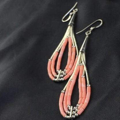 Handmade Liquid Silver Tube Bead Heishi Dangle Earrings | Pink Coral | Sterling Silver | 2.25" | 2025