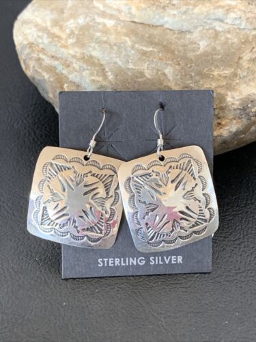 Native American Women's Dangle Earrings | Navajo Sterling Silver Stamped Handmade | 1665