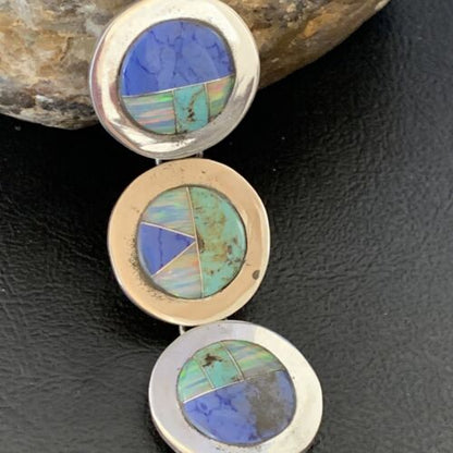 Navajo Opal Turquoise Blue Lapis Inlay Link Bracelet | Sterling Silver | 8" | Authentic Native American Handmade | 12654