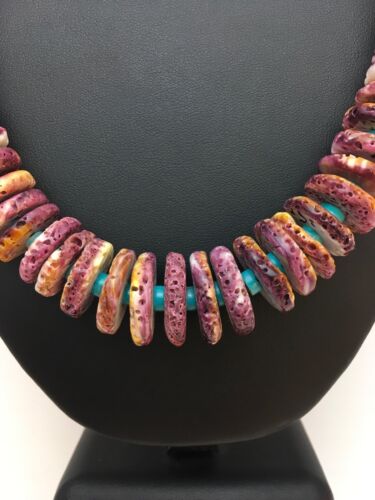 Navajo Purple Spiny Oyster & Turquoise Necklace | Sterling Silver | Authentic Native American | 32" | 8886