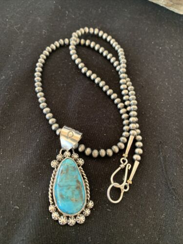 Men's Navajo Pearls Necklace with Blue Kingman Turquoise Pendant | Sterling Silver | Native American Handmade | 12962 - Masha USA