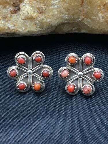 Native American Zuni Cluster Necklace and Coral Earrings Set | Sterling Silver | 0.6" | 1074