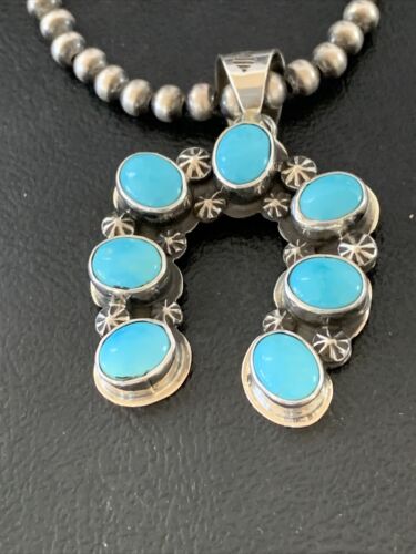 Navajo Sterling Silver Blue Turquoise Squash Blossom Necklace with Naja Pendant | 02011