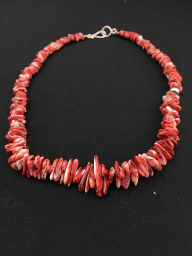 Navajo Red Spiny Oyster Necklace | Sterling Silver | Authentic Native American | 18" | 4767