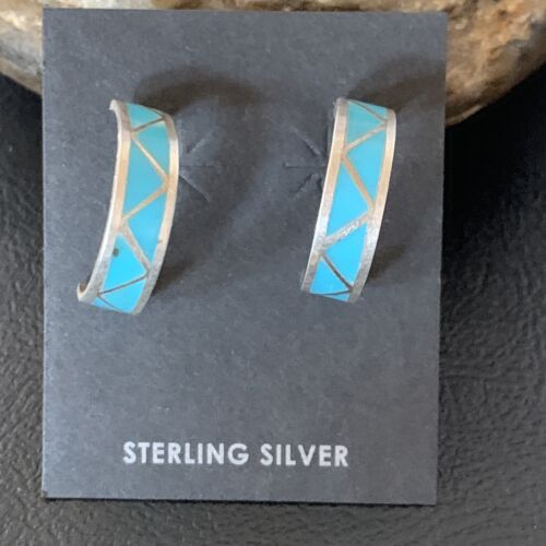 Zuni Blue Turquoise Inlay Hoop Earrings | Sterling Silver | 0.50" | 12755