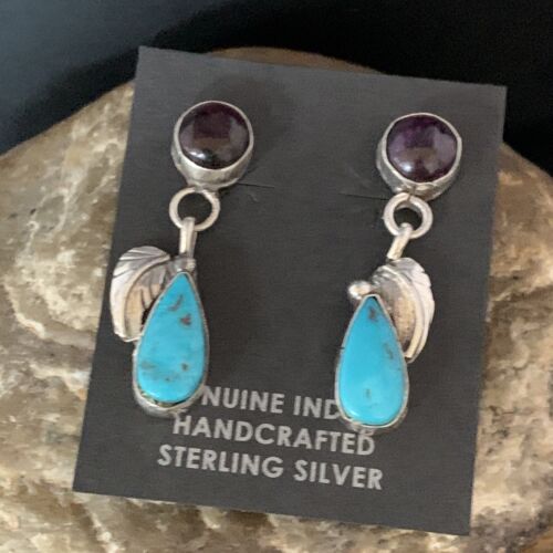 Navajo Purple Sugilite and Blue Turquoise Dangle Leaf Earrings | Sterling Silver | Native American Handmade | 13454