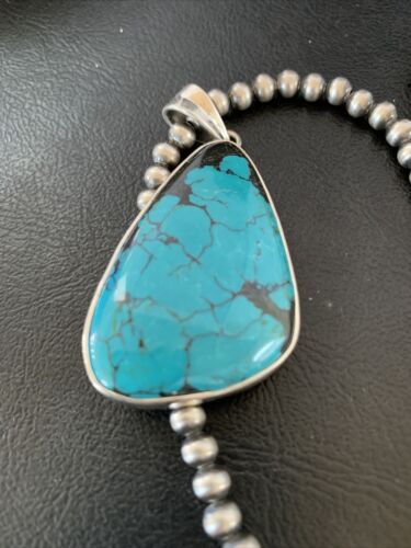 Men's Navajo Blue Spiderweb Turquoise Pendant Necklace | Sterling Silver | Authentic Native American Handmade | 10666