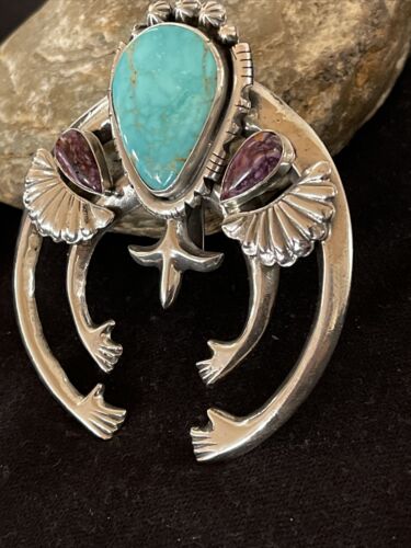 Navajo Sterling Silver Naja Pendant | Turquoise & Spiny Oyster | Authentic Native American Handmade | 01059