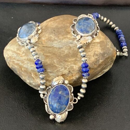 Navajo Pearls Necklace with 3 Stone Blue Denim Lapis Pendant | Sterling Silver | Native American Handmade | 10821