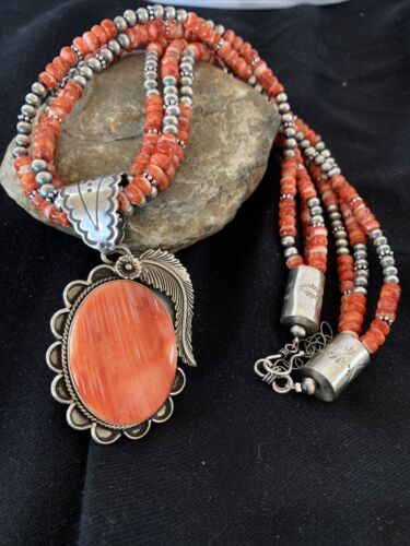 Navajo Red Spiny Oyster Pendant Necklace | 3 Strand Sterling Silver | Native American Handmade | 1327