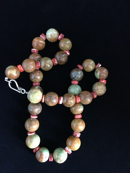 Navajo Green Turquoise & Orange Spiny Oyster Necklace | Sterling Silver | 17" | Authentic Native American Handmade | 1742