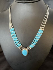 Navajo Liquid Silver Heishi 5-Strand Necklace | Turquoise Pendant | Sterling Silver | 14821