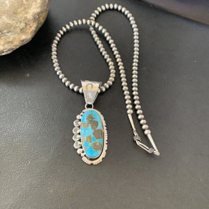 Navajo Pearls Necklace with Blue Kingman Turquoise Pendant | Sterling Silver | Authentic Native American Handmade | 10766