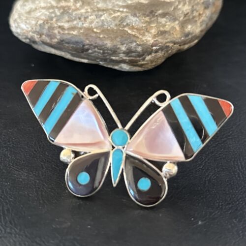 Zuni Butterfly Inlay Ring | Coral Turquoise Onyx Mother of Pearl | Sz 7 | Sterling Silver | 14436