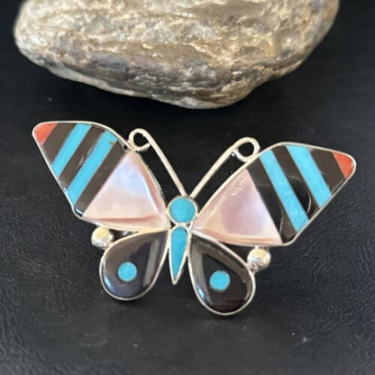 Zuni Butterfly Inlay Ring | Coral Turquoise Onyx Mother of Pearl | Sz 7 | Sterling Silver | 14436