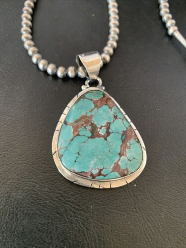 Men's Navajo Pearl Necklace with Blue Spiderweb Turquoise Pendant | Sterling Silver | 10543