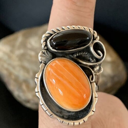 Navajo Black Onyx Orange Spiny Oyster Multi-Stone Ring | Authentic Native American Sterling Silver | Sz 11 | 02168