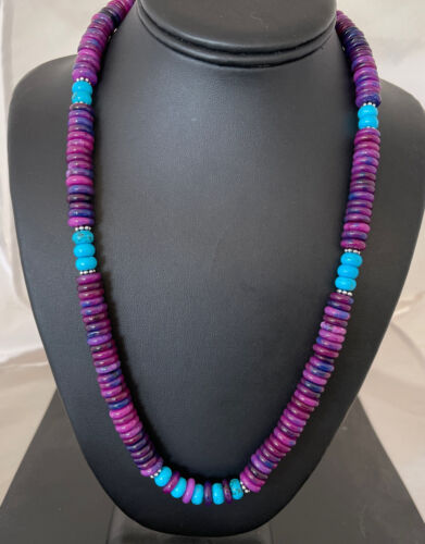 Navajo Sterling Silver Necklace | Purple Sugilite & Turquoise Beads | Authentic Native American Handmade | 21" | 1170