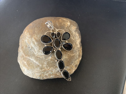 Navajo Dragonfly Pendant | Faceted Black Onyx Gems Cluster | Authentic Native American Sterling Silver | Multi-Stone | 3" | 12739