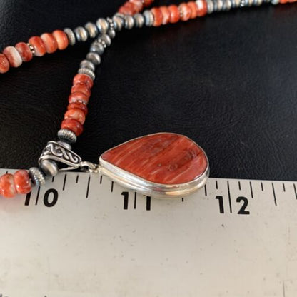Navajo Red Spiny Oyster Necklace | Sterling Silver Pendant | Men's Women's | Authentic Native American Handmade | 13814