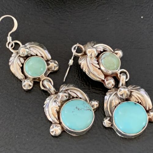 Navajo Blue Green Dry Creek Turquoise Dangle Earrings | Sterling Silver | Authentic Native American Handmade | 1485