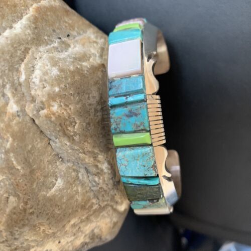 Men's Navajo Turquoise Spiny Coral Inlay Bracelet | Sterling Silver | Authentic Native American Handmade | 12693