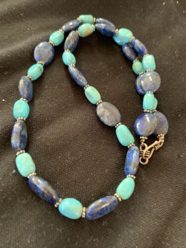 Navajo Denim Lapis & Turquoise Beads Necklace | Sterling Silver | Authentic Native American Handmade | 20" | 01038