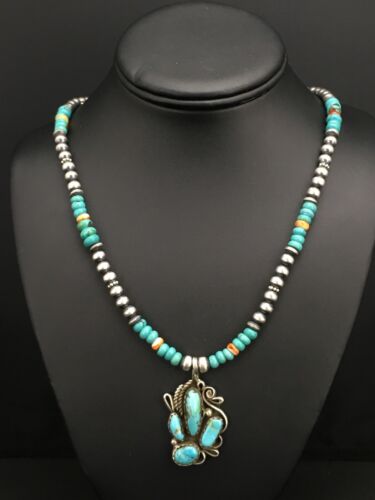 Navajo Blue Turquoise and Spiny Oyster Multi-Stone Pendant Necklace | Authentic Native American Sterling Silver | 21" | 4886 - Masha USA