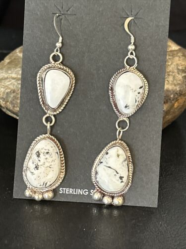 Navajo White Buffalo Turquoise Dangle Earrings | Sterling Silver | 2.5" | Authentic Native American Handmade | 14800
