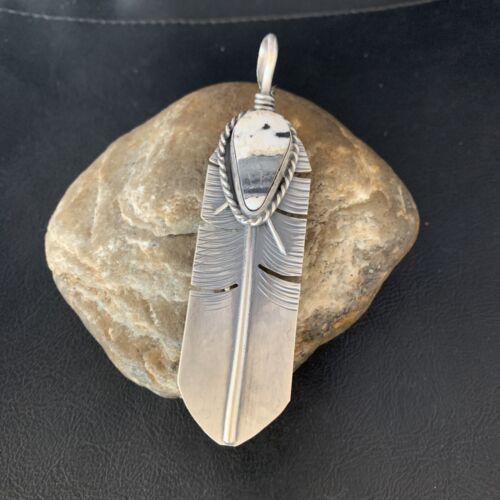 Navajo White Buffalo Turquoise Feather Pendant | Sterling Silver | Authentic Native American Handmade | 13987