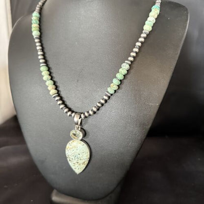 Navajo Sea Green Turquoise Pendant Necklace | Sterling Silver | 21" | Authentic Native American Handmade | 14475