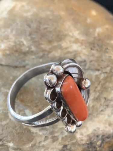 Navajo Red Coral Ring | Sterling Silver | Sz 9.5 | Authentic Native American Handmade | 01300
