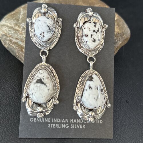 Navajo White Buffalo Turquoise Dangle Earrings | Sterling Silver | 2.5" | Authentic Native American Handmade | 14739