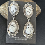 Navajo White Buffalo Turquoise Dangle Earrings | Sterling Silver | 2.5" | Authentic Native American Handmade | 14739