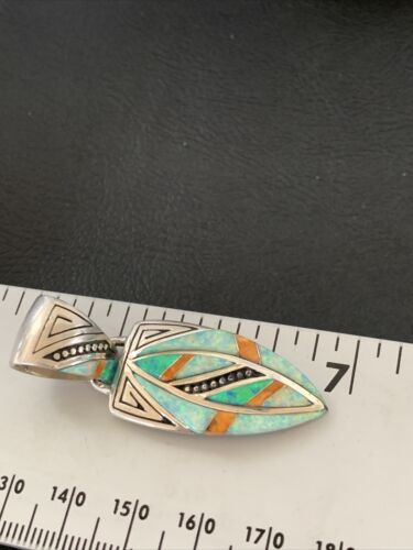 Navajo Spiny White Green Opal Inlay Pendant | Sterling Silver | Authentic Native American Handmade | 12481