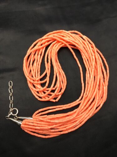 Native American Pink Coral Navajo Necklace | Sterling Silver | 10 Strand | 4388