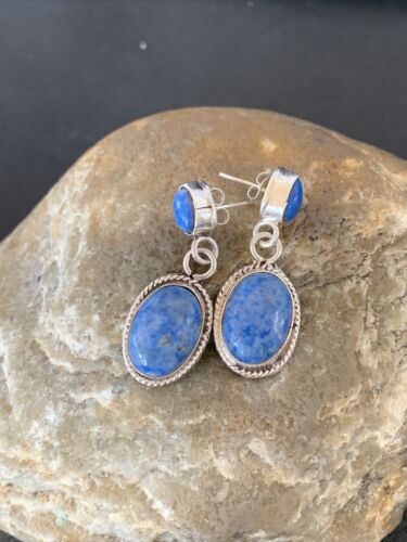 Navajo Denim Lapis Dangle Earrings | Sterling Silver | 1.1" | Authentic Native American Handmade | 1701